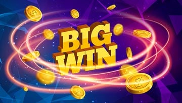 Big Win in gold letters on a blue background with gold coins flying around.