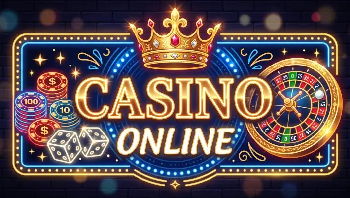 Sign for "Casino online" with gold crown, dice, chips and roulette wheel 
