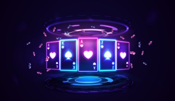 blue and purple neon 10-J-Q-K-A of cards with casino chips floating around