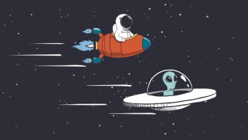 2 spaceships, one with an astronaut and one with an alien