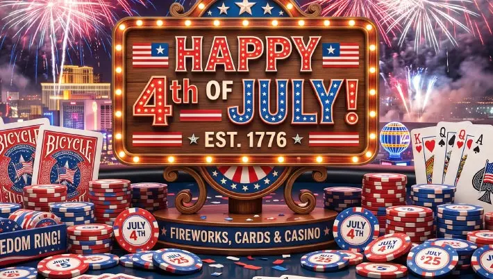 Panneau « 4 juillet » entouré de jetons de casino et de cartes festifs, sur fond de feux d'artifice rouges, blancs et bleus 