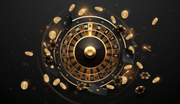 black and gold casino roulette wheel with black and gold chips flying around all on a black background