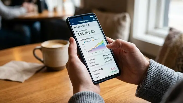 Photo d'une personne consultant des informations financières sur son téléphone  