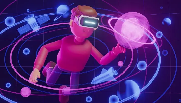 a man wearing VR headset as VR objects float in the surrounding air