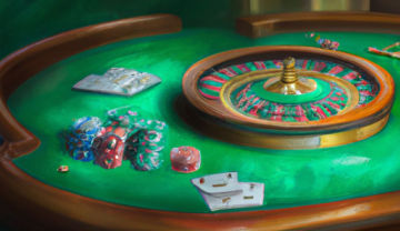 casino table with cards and chips and players holding cocktails