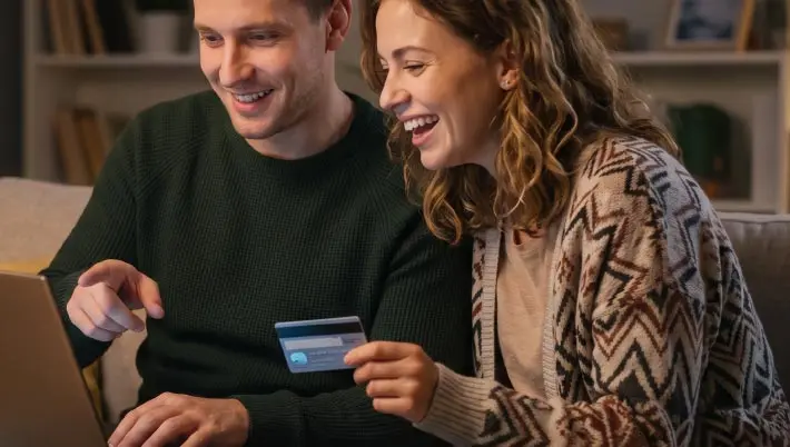 Couple playing at the online casino on their laptop using their credit card to deposit
