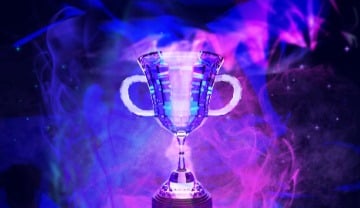drawing of a trophy in blue neon with blue and purple smoke
