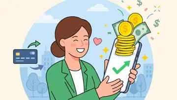 Illustration of hand coming out of smartphone to give bag of money while people run off with coins 