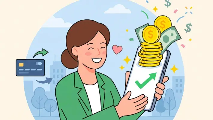 Illustration représentant une main sortant d'un smartphone pour tendre un sac d'argent tandis que des personnes s'enfuient avec des pièces de monnaie 