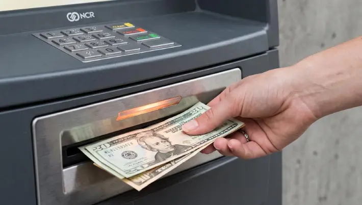 a hand taking money out of an ATM Cash withdrawal