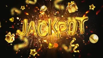 The word Jackpot in golden helium air balloons with prizes and stars floating around.