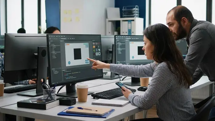 two game developers working on a new mobile platform 