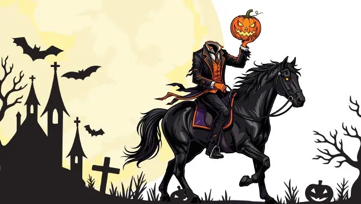 Headless horseman riding on a horse holding a pumpkin on a finger