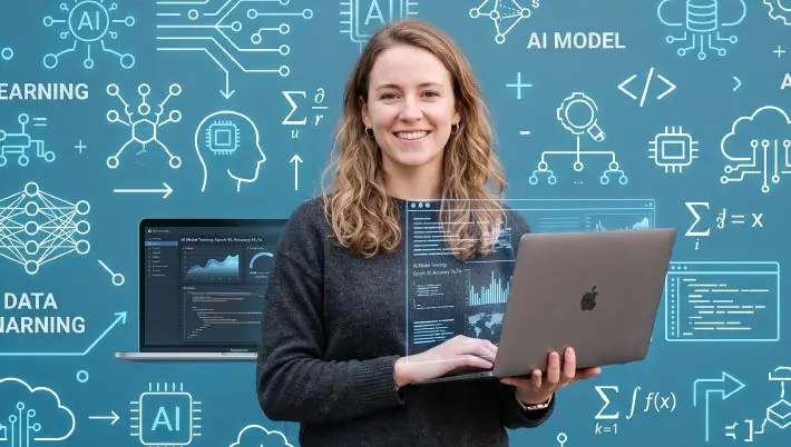 une femme tenant un ordinateur portable, avec un vecteur d'IA 