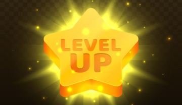 “Level Up” written on a bright yellow star shooting out light on a black backgound