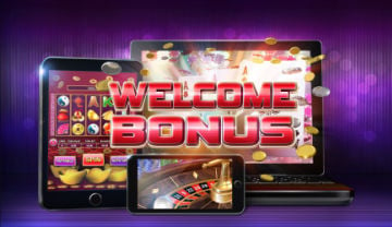 Welcome Bonus sign with gaming machines backdrop