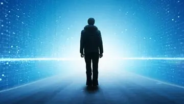 silhouette of a man standing against a futuristic background
