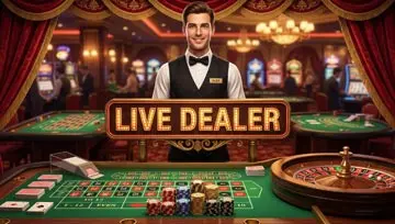 Un croupier de casino debout derrière une pancarte « Live Dealer », entouré de jetons, de roulettes et de cartes  