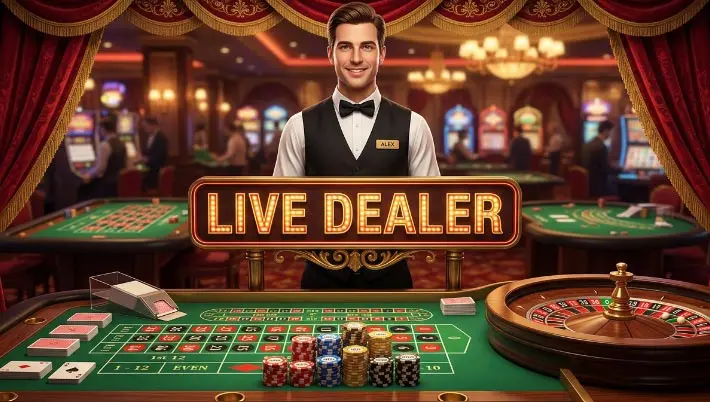 Un croupier de casino debout derrière une pancarte « Live Dealer », entouré de jetons, de roulettes et de cartes  