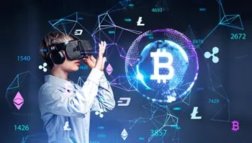 woman standing in the midst of VR imagery