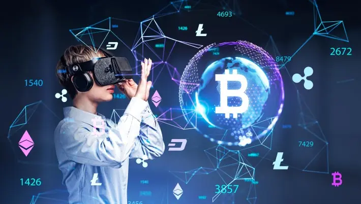 woman standing in the midst of VR imagery