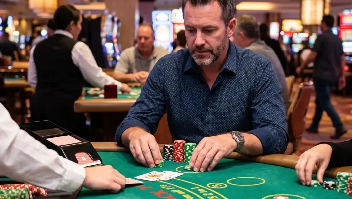 man with cards and chips playing blackjack 