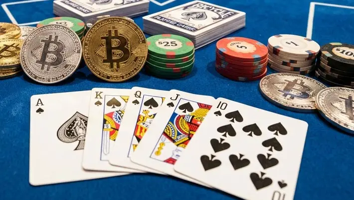 Bitcoin coins and playing cards