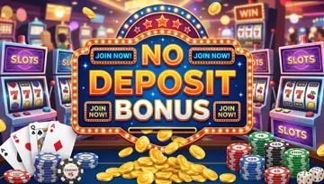 Panneau « Bonus sans dépôt » entouré de machines à sous, de pièces, de cartes et de jetons de casino 