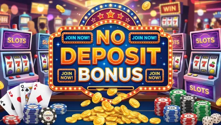 Panneau « Bonus sans dépôt » entouré de machines à sous, de pièces, de cartes et de jetons de casino 