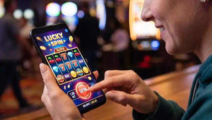 person tapping on a mobile screen that displays a casino game 