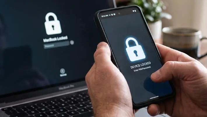 un homme assis devant un ordinateur portable, tenant un smartphone, tous deux affichant une icône de verrouillage à l'écran