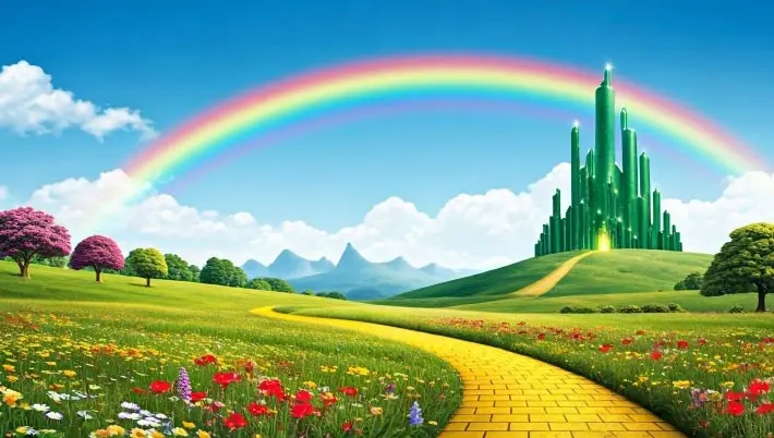 rainbow over a yellow brick road