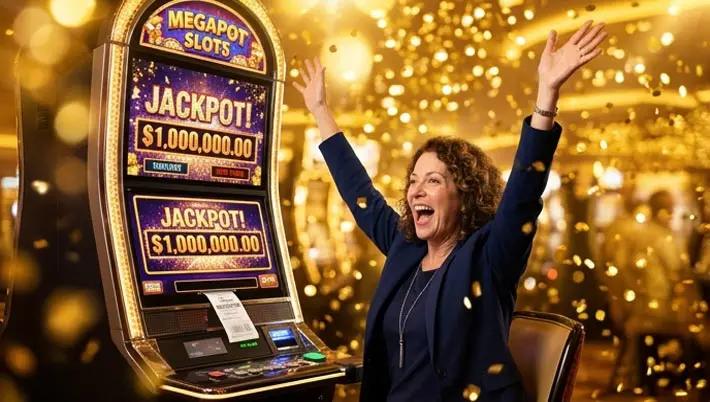 une femme regardant une machine à sous, célébrant un gain