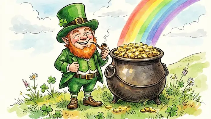 drawing of a jolly leprechaun standing next to a pot full of gold coins