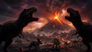 dinosaurs standing in front of a spewing volcano