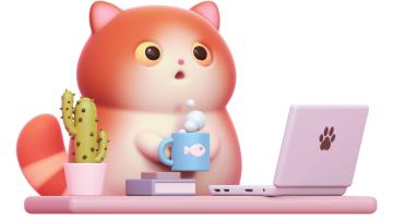 drawing of a chubby cat holding a mug while on a laptop 
