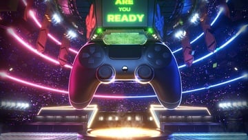 neon colored esports play console in a sports stadium