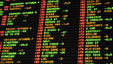 large electronic Sportsbook showing odds on the wall