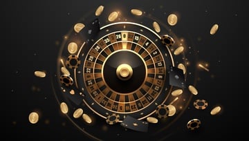 gold and black roulette wheel with chips flying all around