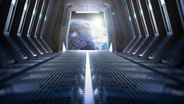 looking into the stars through the port of a space ship