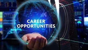man holding a technology hologram with the words Career Opportunities written inside