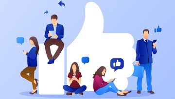image of people playing on their phones with a facebook "like" symbol