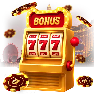 Machine à sous dorée affichant trois 7 rouges, entourée de jetons de casino et surmontée du mot « BONUS ».
