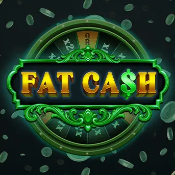 Logo du jeu de casino Fat Cash avec des lettres vertes et dorées et des jetons de casino