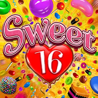Jeu de casino Sweet 16 avec un cœur rouge entouré de bonbons colorés
