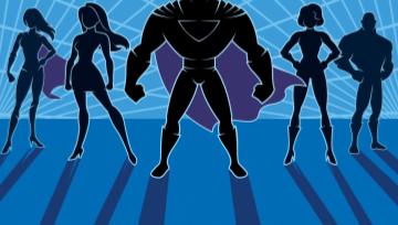 shadow drawing of superheroes on a blue background