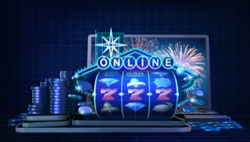 slots reels, casino chips, and a laptop made to look like a land-based casino all in hues of blue.