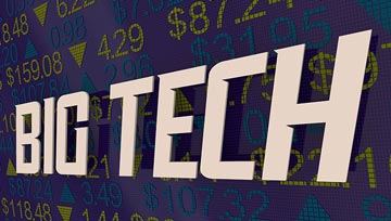 The words BIG TECH written in white on the background of a stocks and securities board
